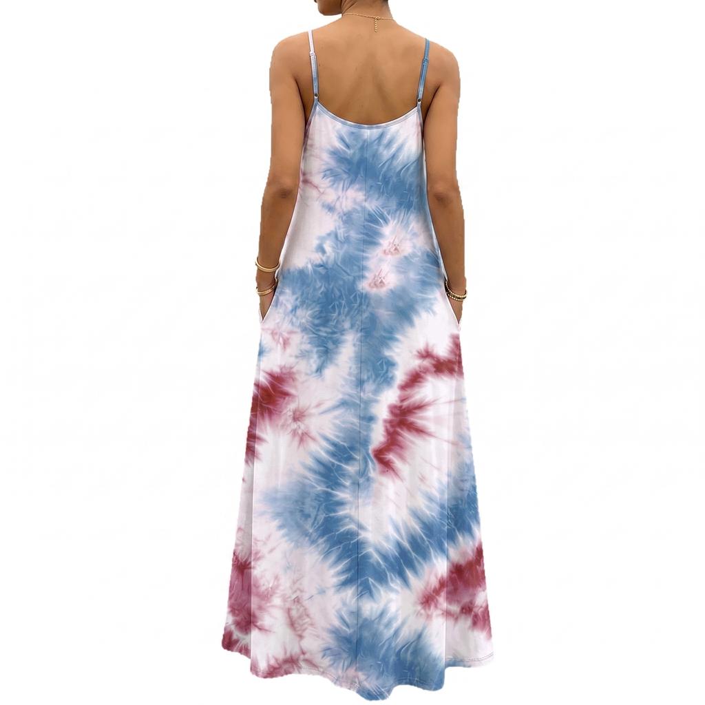 Damen Tie-Dye Maxikleid Ärmellos Spaghettiträger Lässig Lockerer Schnitt Lang Sommer-Sonnenkleid Mit Taschen Für Frühling Und Sommer
