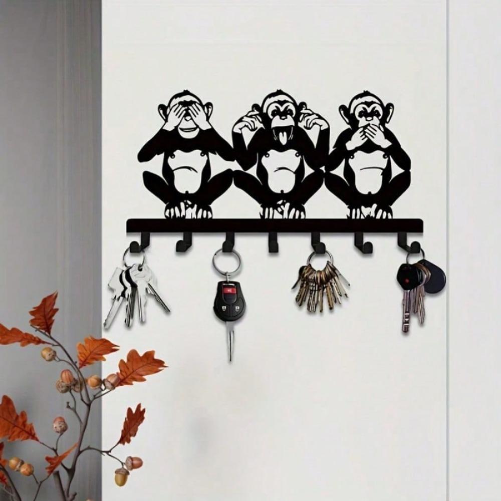 1 PC Charming Three Monkeys Metal Wall Art With Key Hooks - Effortless Installation, Perfect For Hanging Jackets, Hats