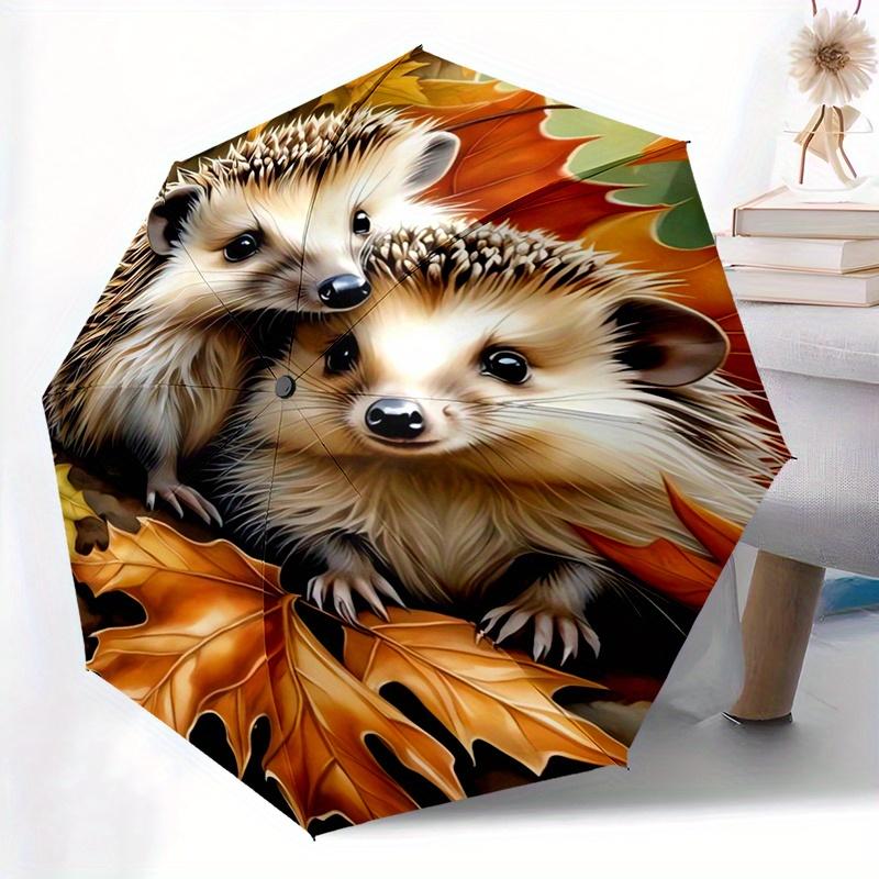 

Automatic Open & Close Folding Umbrella with 8 Ribs - Cute Hedgehog & Autumn Leaves Design, Portable Compact Travel Umbrella f (as the picture,Iron&8K)