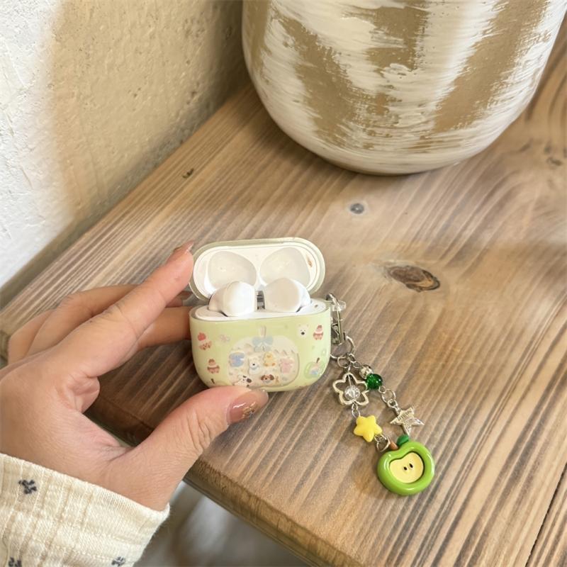 Cartoon Green Design Protective Case For AirPods4 Earbuds Shell With Detachable Keychain Precise Charging Port Access