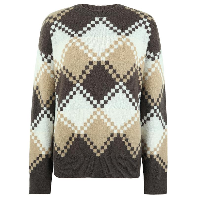 New Autumn and Winter European and American Diamond Knitted Sweater Contrast Color Round Neck Sweater Women's Top