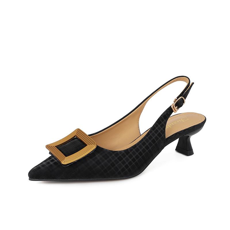 Baotou back empty shallow mouth high heels women's summer new square buckle design temperament commuter kitten and sandals are not tired
