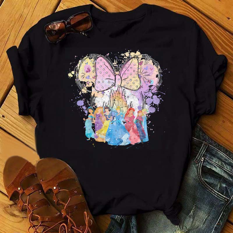 Funny Summer Disney Villains Printed Women T Shirts Round Neck Y2k Clothes Cartoon Graphic T Shirts 90s Female Tops Tees