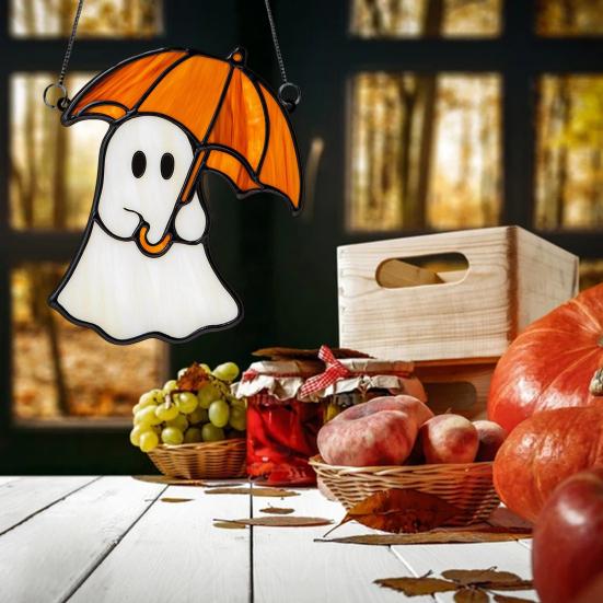 Halloween Cute Ghost Suncatcher Stained Glass Style Acrylic Window Hanging Ghost Light Catcher for Window Wall Decor