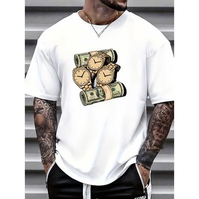 European Sizes Men'S Premium White T-Shirt with Golden Watches And Money Print - Stylish Casual Short Sleeve Tee for Men, Perfect for Gifting