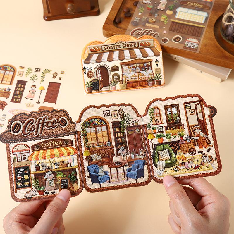 Journal GO 3pcs Tiny Treasure Shop Vintage Coffee Bread Landscape Sticker Creative Journal DIY Material Collage Stationery