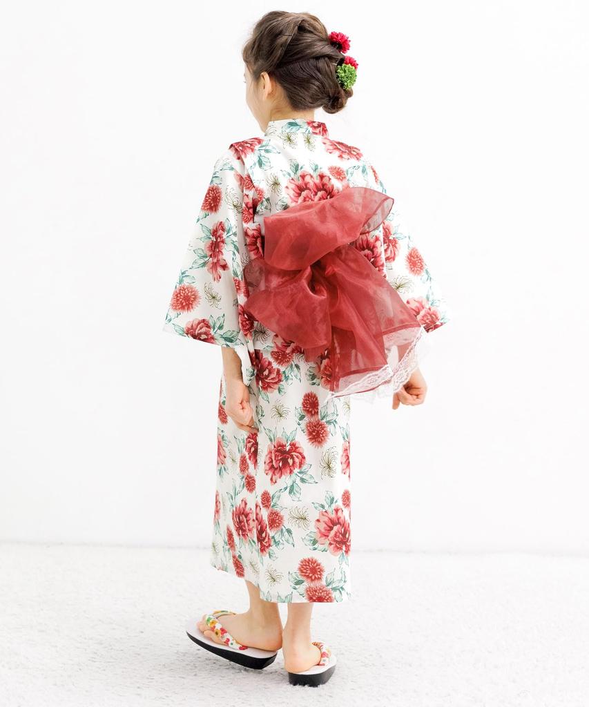 Bee Yukata Set for Easy To Perfect for Festivals and White with Modern Peony Design 3-Piece Girls, Summer, Wear, Two-Way Design, Fireworks, 130cm,