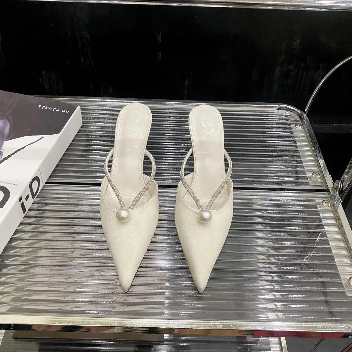 

Summer Women s Fashion Slippers Pointed Toe Thin Heels Pearl Slippers Women Dress Sweet Lovely Rhinestones Zapatillas De Mujer 35 off білий колір