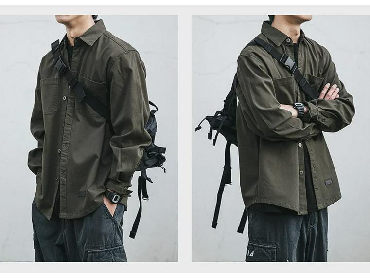 Men's Japanese Retro Long Sleeve Work Shirt - Korean Style Trendy Loose Fit with Pocket