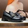 Retro One-pedal Small Size Platform Loafers Round Head Small Leather Shoes Women's Medium High Heels Are Not Tiring