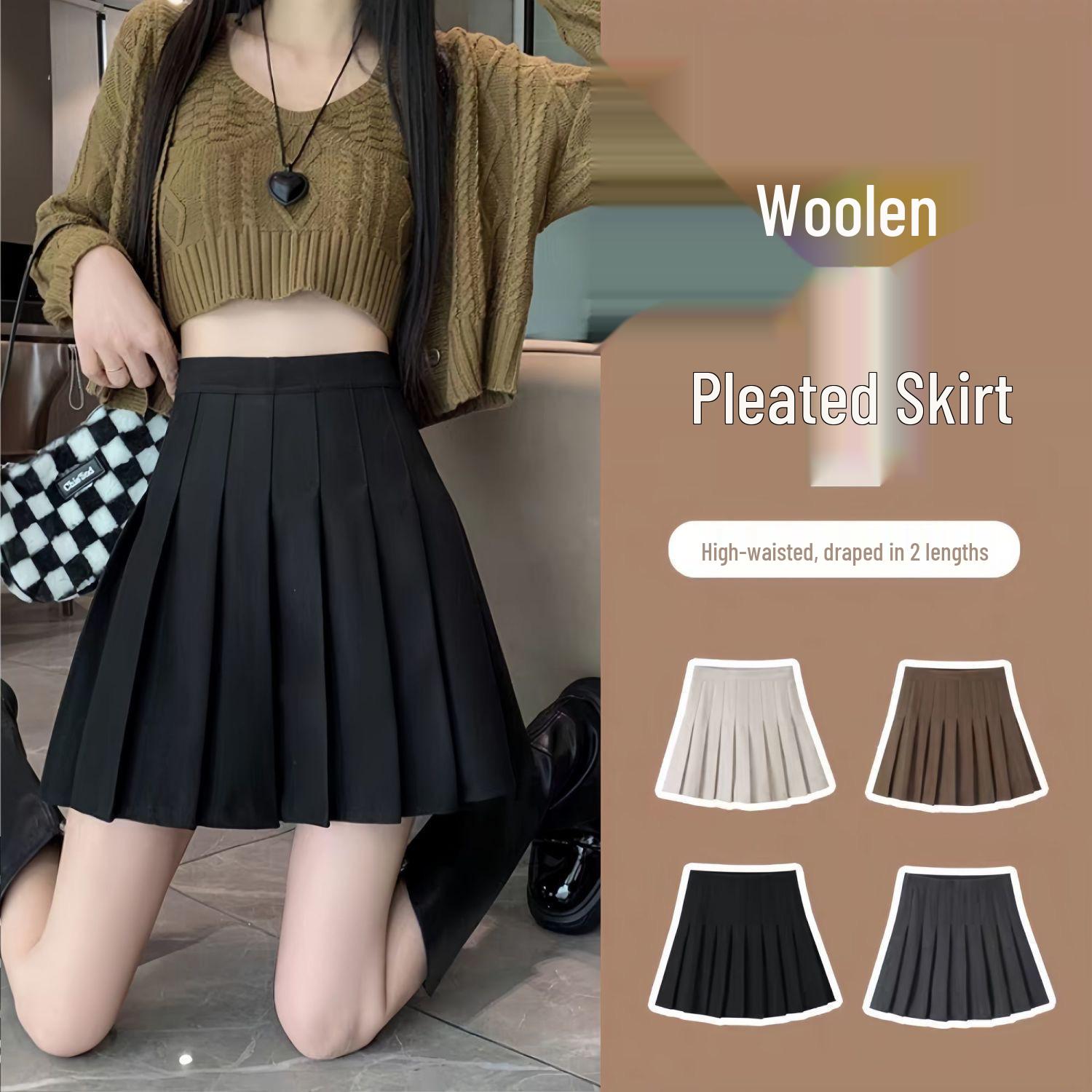 

Юбка А-силуэта из смесовой шерсти с высокой посадкой: Плиссированный, Большой размер, Маленький рост, Миди, Удобный стрейч для осени/зимы Triple Extra Large