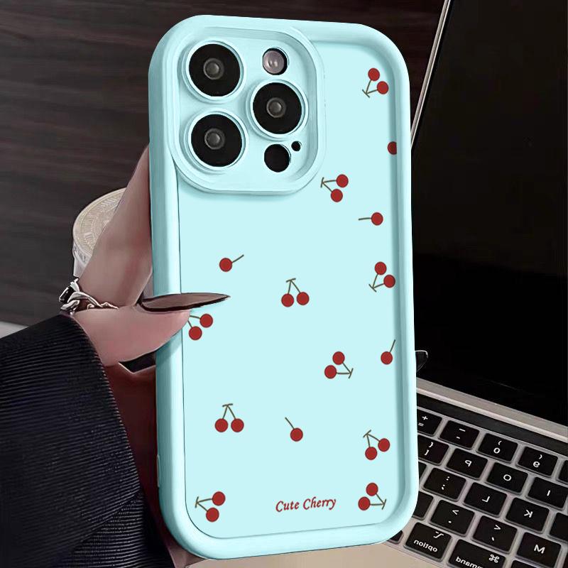 Cute Cherry Pattern TPU Soft Matte Phone Case For iPhone 16 Pro Max 15 Pro 14 13 12 11 XR XS Shockproof Lens Protection Bumper Cover