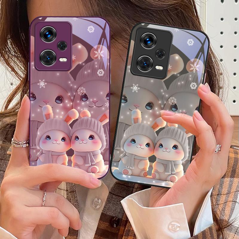 Cute pink twin rabbits For Redmi Note 10 10T 11 12 13 14 11T 11S 12 14 Pro Plus A4 14C A3 A3x K40 Gaming Tempered Phone Case