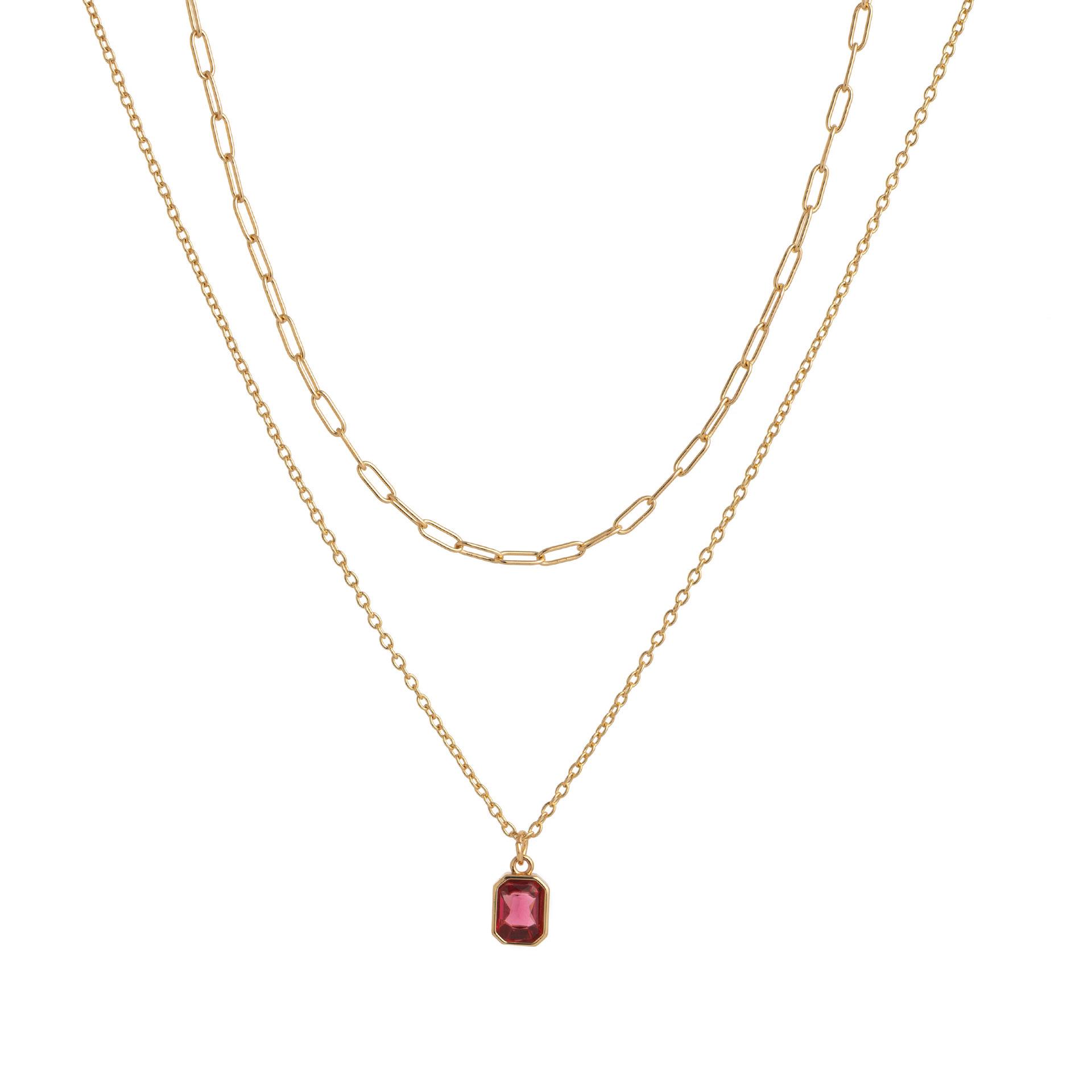 December Birthstone Double Layer Necklace: 18K Gold-Plated Rectangle Pendant