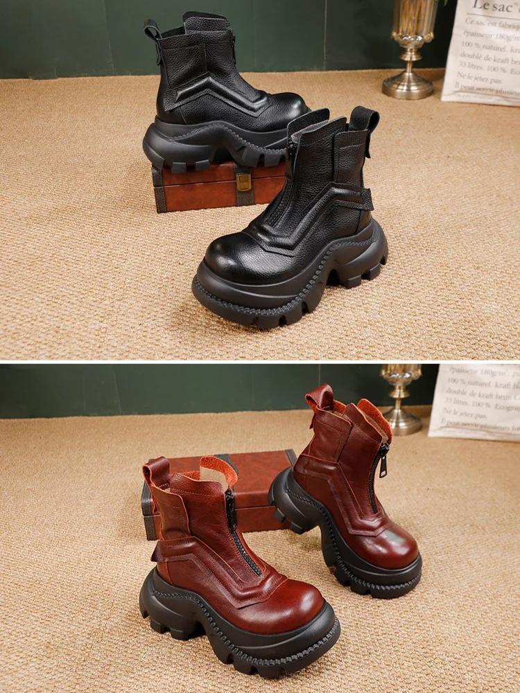 Johnature Thick Soled Short Boots Women's Genuine Leather Front Zipper Platform Boots