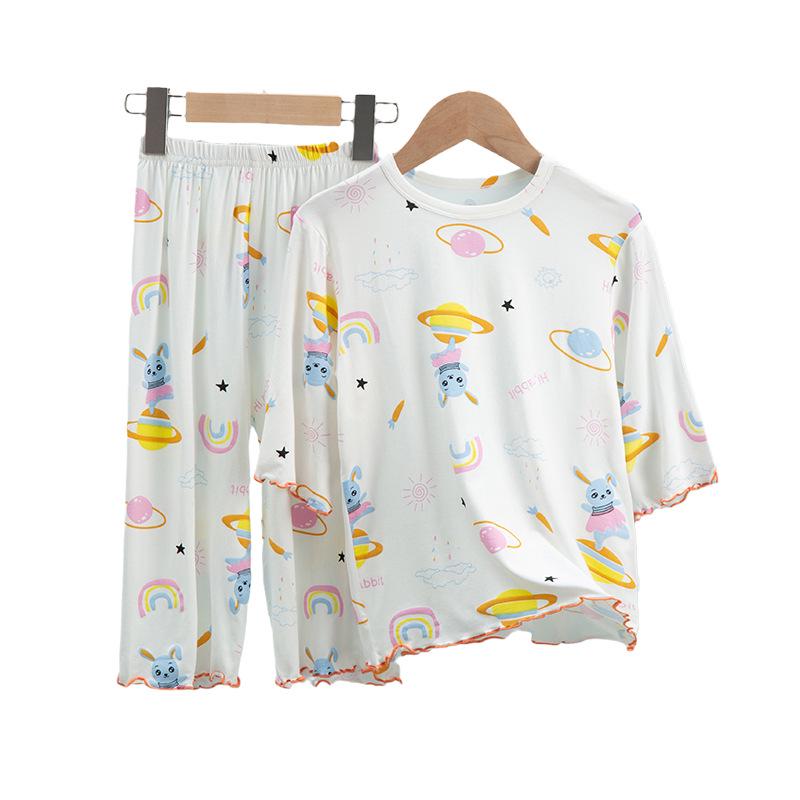 Girls' Modal Summer Pajama Set: Lightweight, Seven-Sleeve Baby Lounge Wear for Air Conditioning.