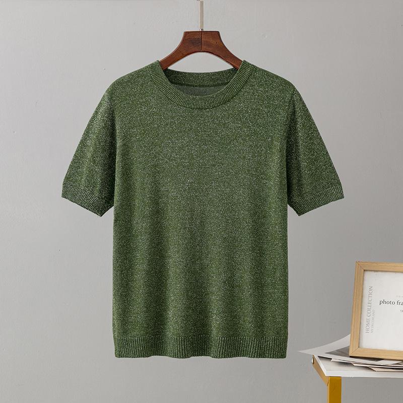 Pletená trička Jednobarevná Kulatý výstřih Krátký rukáv pro ženy Volné pulovrové topy Retro styl Stylové dámské Lesklé ledové hedvábí Šifonové halenky Košile
