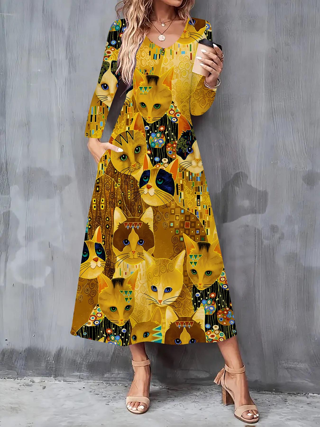 

2025 Autumn and Winter New Women Casual Fashion Dress 3D Retro Pattern Print Long Sleeve V-Neck A-Line Dresses XXL жовтий