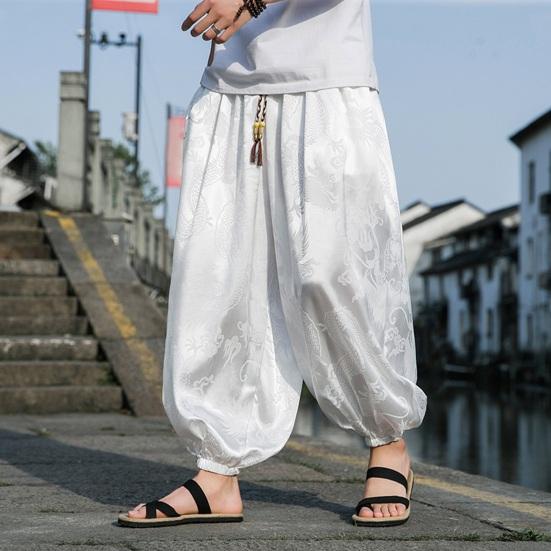 Herrenhose Laternenhose Hippie Boho Baggy Drachenmuster Locker Knöchelbündchen Weich Atmungsaktiv