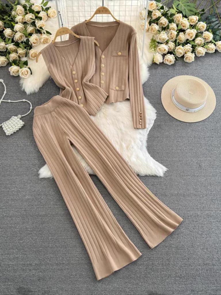 Spring & Autumn Long-Sleeve Knit Sweater with Split Wide-Leg Pants Two-Piece Set