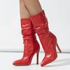 High Quality Solid Black Pleated Leather Boots For Women Sexy Pointed Toe Party Nightclub Stripper Heels Zip Booties Shoes