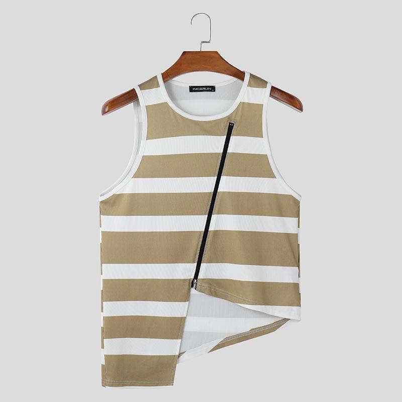 

INCERUN Summer Men O-neck Sleeveless Striped Print Zipper Splits Tank Tops 2XL хаки