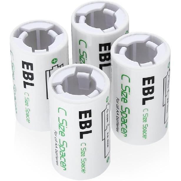 EBL C Size Battery Adapters, AA to C Size Battery Spacer Converter Case Use with Rechargeable AA Cells - 4 Pack C SIZE