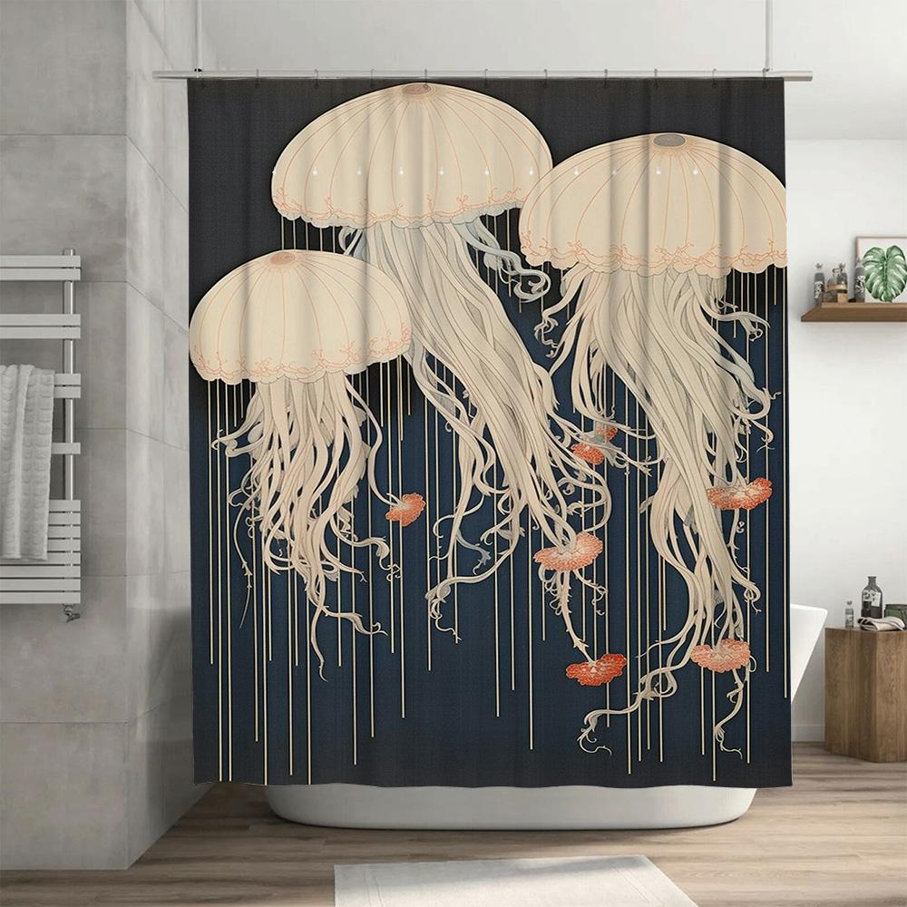 Decorative Jellyfish Shower CurtainModern Bath Decor with 3 White Seaweed Prints on Dark Blue Background Perfect for Bathroom Re