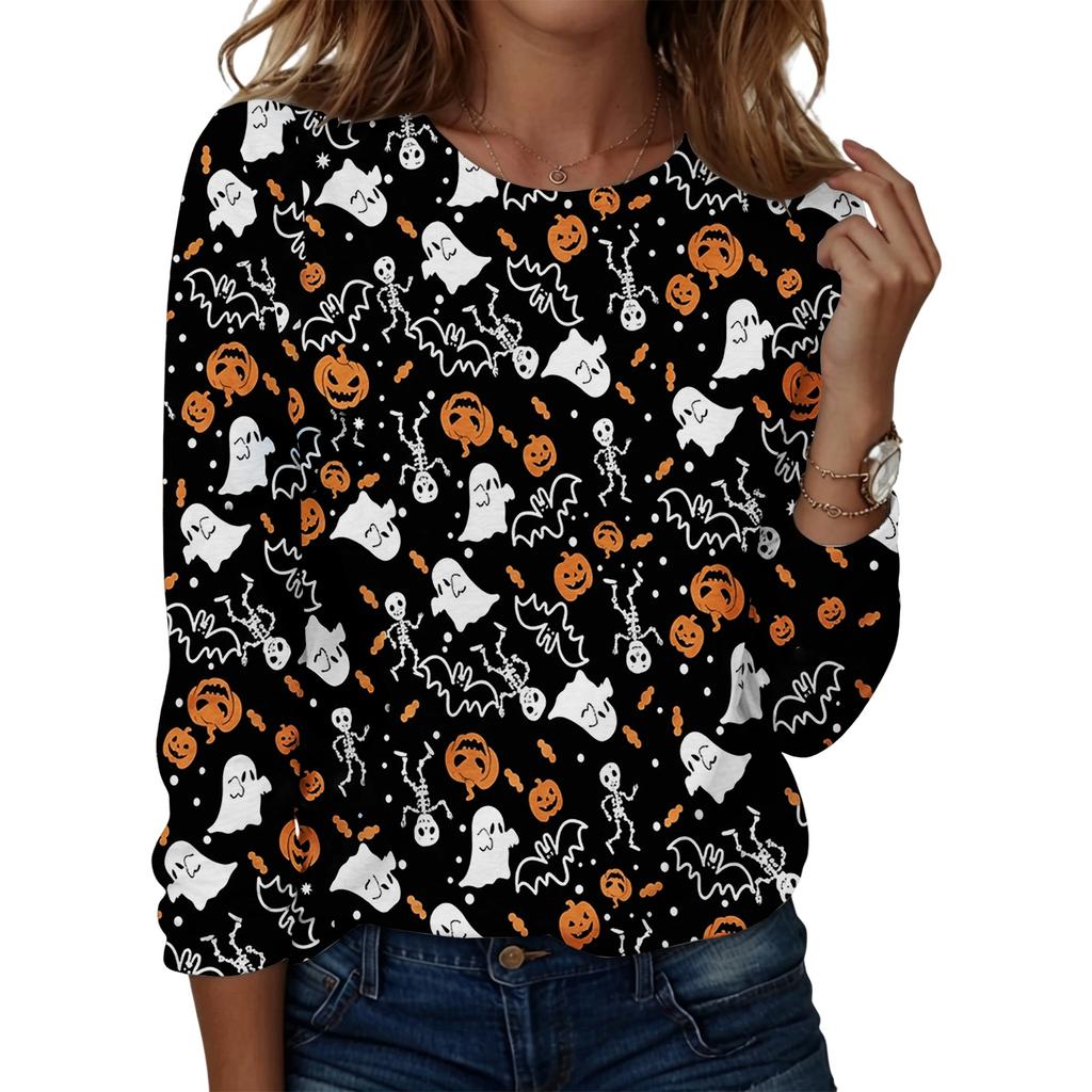 Women's Casual Long Sleeve Halloween Print Round Neck Top