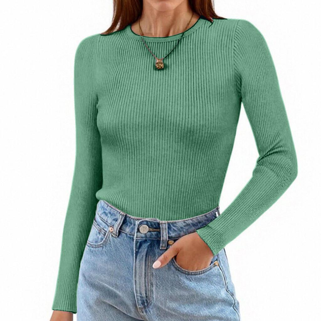Maglietta da Donna a Maniche Lunghe Girocollo a Righe Slim Fit Casual Basic