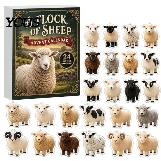 Christmas Tree Hanging Decorations Sheep Advent Calendar, 24Pcs Acrylic 2D Ornament Set with Cute Wall Decor for Holiday Lamb Designs,
