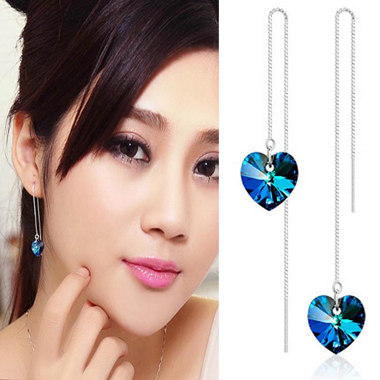 925 Silver Crystal Ocean Heart Tassel Earrings