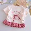 Cute Girls Summer Cartoon Bow Print Short Sleeve T Shirt With Plaid Ruffle Hem Top For Baby Toddler Kids Clothing