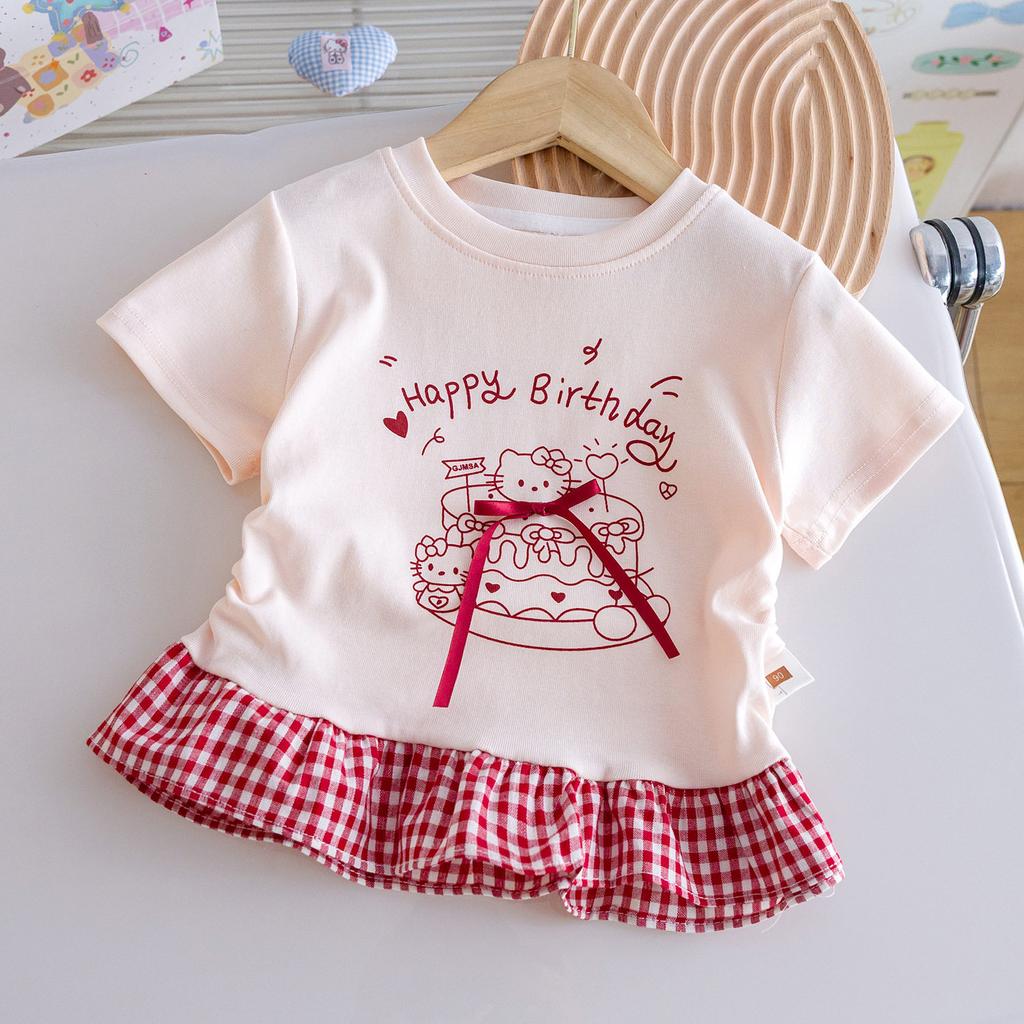 Cute Girls Summer Cartoon Bow Print Short Sleeve T Shirt With Plaid Ruffle Hem Top For Baby Toddler Kids Clothing
