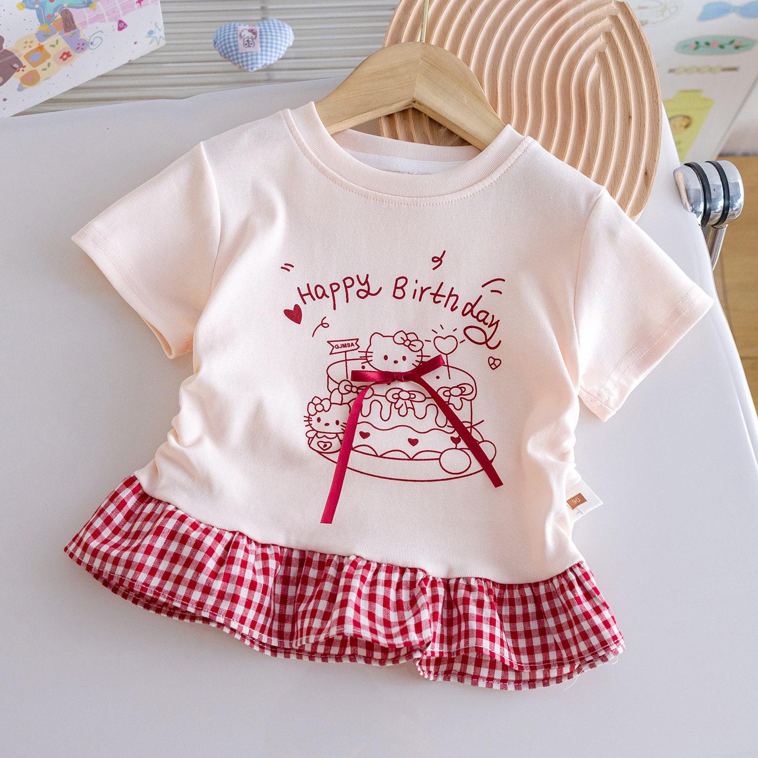 Cute Girls Summer Cartoon Bow Print Short Sleeve T Shirt With Plaid Ruffle Hem Top For Baby Toddler Kids Clothing 80cm розовый
