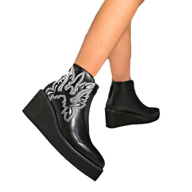 Fashion slope heel thick sole high heel pointed short boots women's embroidered thread pattern women's leather boots
