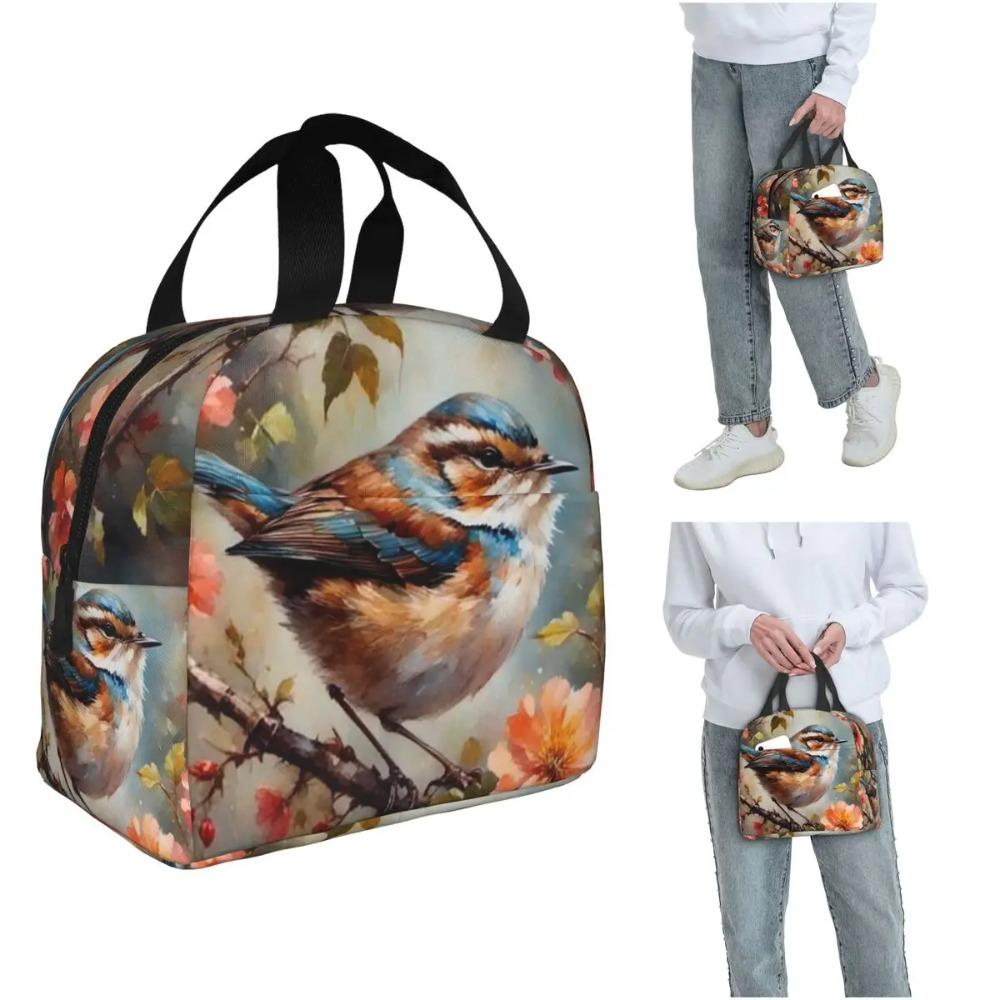 Fågel Rosa Blomma Vintage Mönster Isolerad Lunchväska för Kvinnor Barn Bärbara Matlådor Termisk Lunchlåda Tote