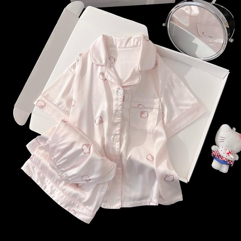 2026 Kids Ice Silk Pajamas Set Girls Cartoon Short Sleeve Shorts Sleepwear Lightweight Breathable Home Wear