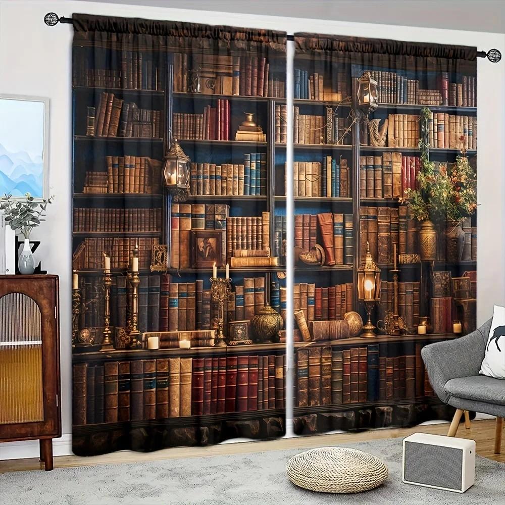 Set Of 2 Jit Bookshelf Printed Curtain Curtains Living Room Library Decor Blackout For Made Polyester With Rod Pocket