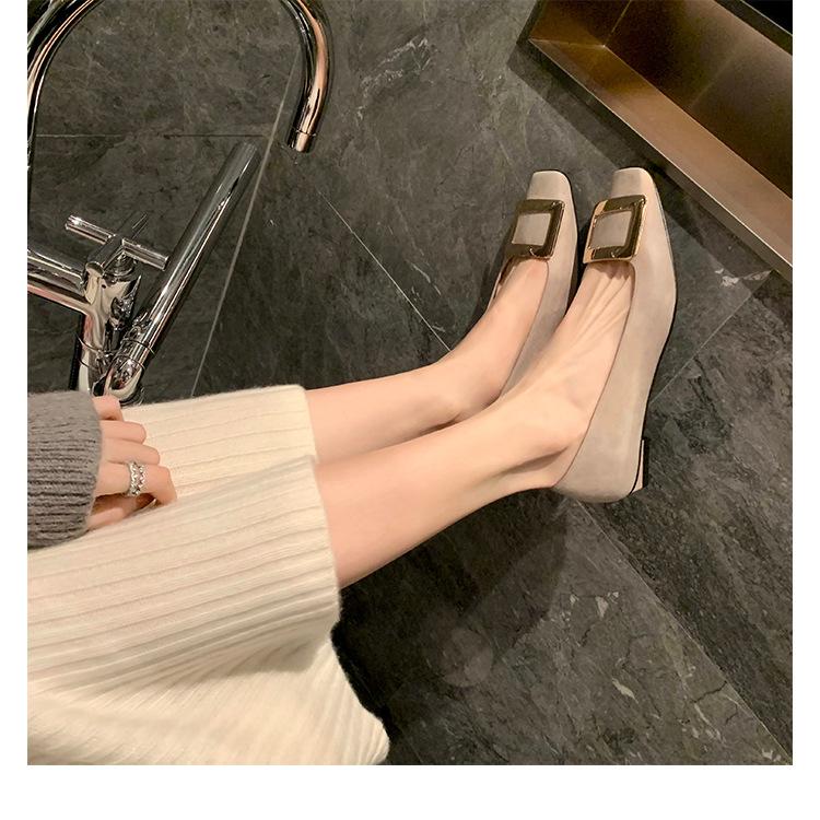 Cowhide Version~ Classic Square Buckle Shoes, Leather Flat-bottomed Commuting Single Shoes, Women's Shallow Mouth Square Head Low Heel Mary Jane Shoes