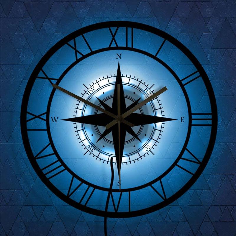 LED Hollow Wall Clock Black Compass Directional Chart Navigation Acrylic Decorative Wall Hanging Clock Watch Home Decoration