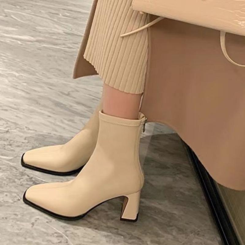 Skinny Boots Mode Quadratische Zehenpartie Paneel-Leder Reißverschluss hinten Anti-Rutsch Abriebfest Blockabsatz Stiefeletten