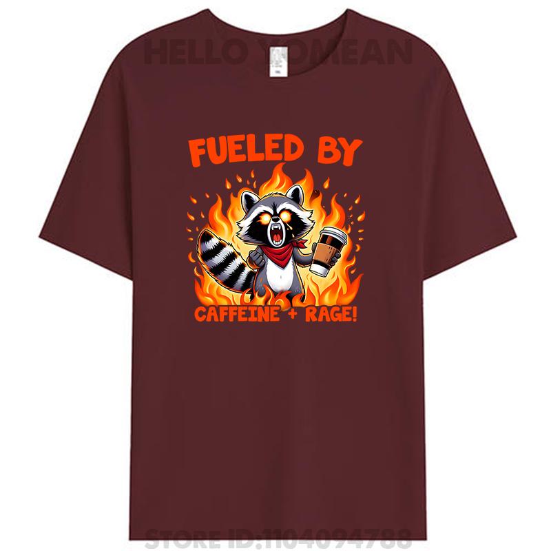 Alimenté par la rage de la caféine Drôle Raton laveur Vintage Femmes Hommes T-shirt 100% Coton T-shirts Hauts Mode Nouveauté Cadeaux