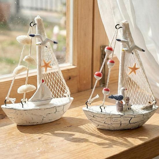 Nautical Wooden Sailboat Models Coastal Beach Style Blue White Ship Tabletop Figurine for Home Living Room Office Farmhouse Decor