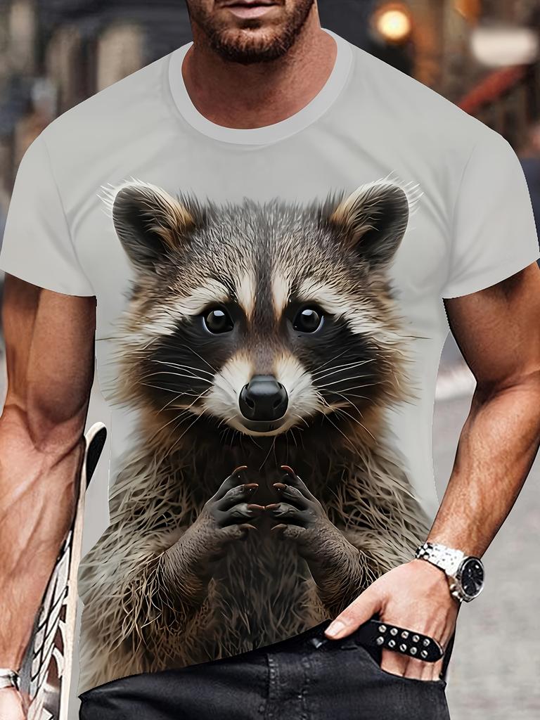Herren Niedliches 3D Hund Bär Print T-Shirt, Lässiges Sport Kurzarm, Elastisches Polyestergewebe, Waschbar, Outdoor Bekleidung, Waschbär Shirt, Große Größen