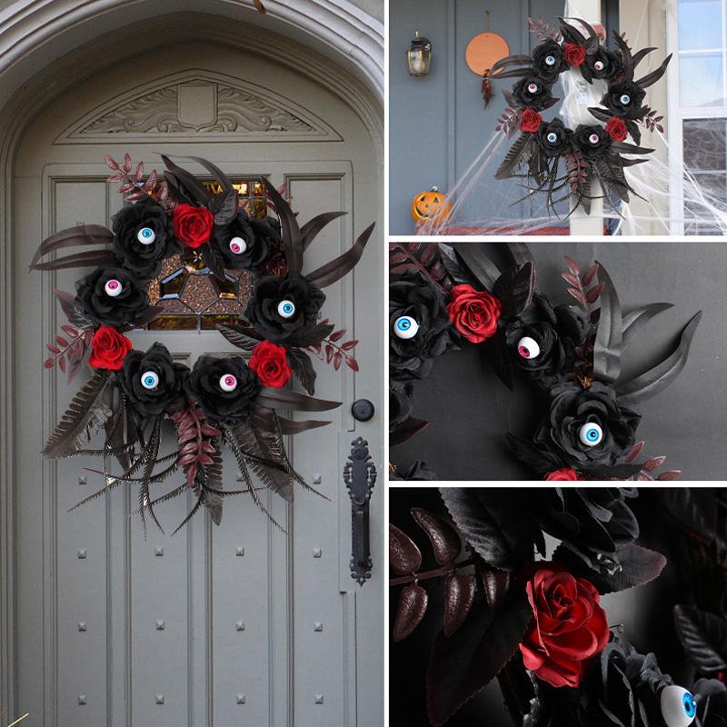 

1 шт. венок из бисера для глаз, черный венок ужасов с перьями, Хэллоуин, красные глазные яблоки, искусственные венки из роз