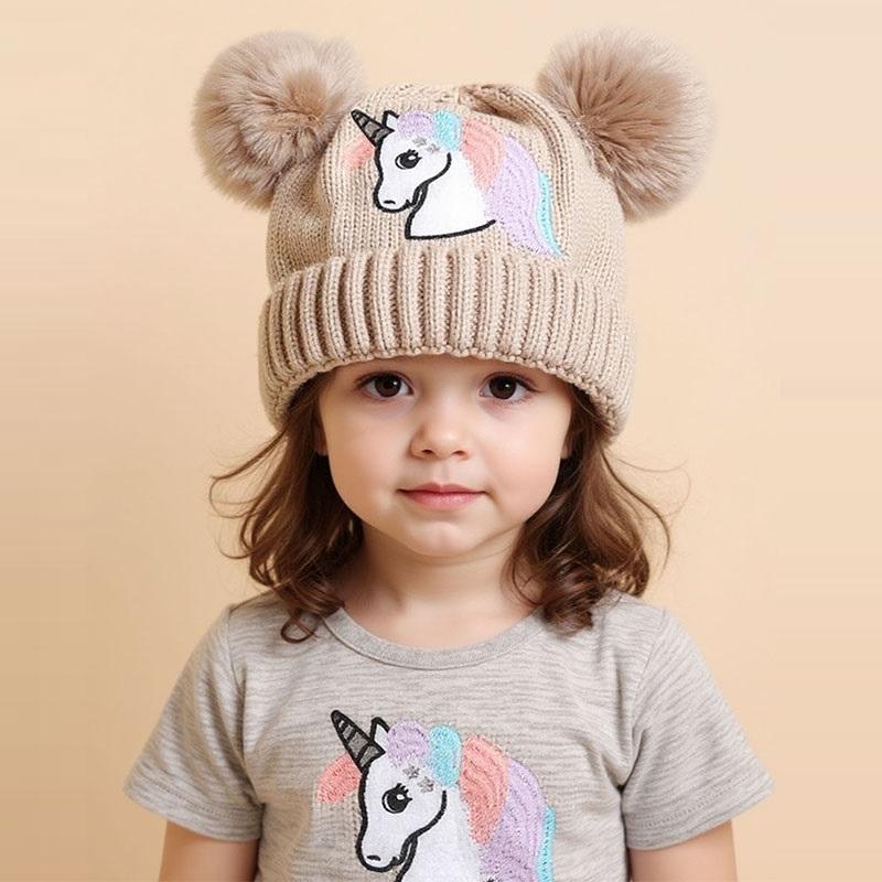 Gorro de Punto de Caballo de Dibujos Animados para Bebés Niñas Niños Gorro de Invierno con Bola de Pompón para Niños Caliente para Exteriores Gorros Infantiles Gorro 52-54cm(3-8years) caqui