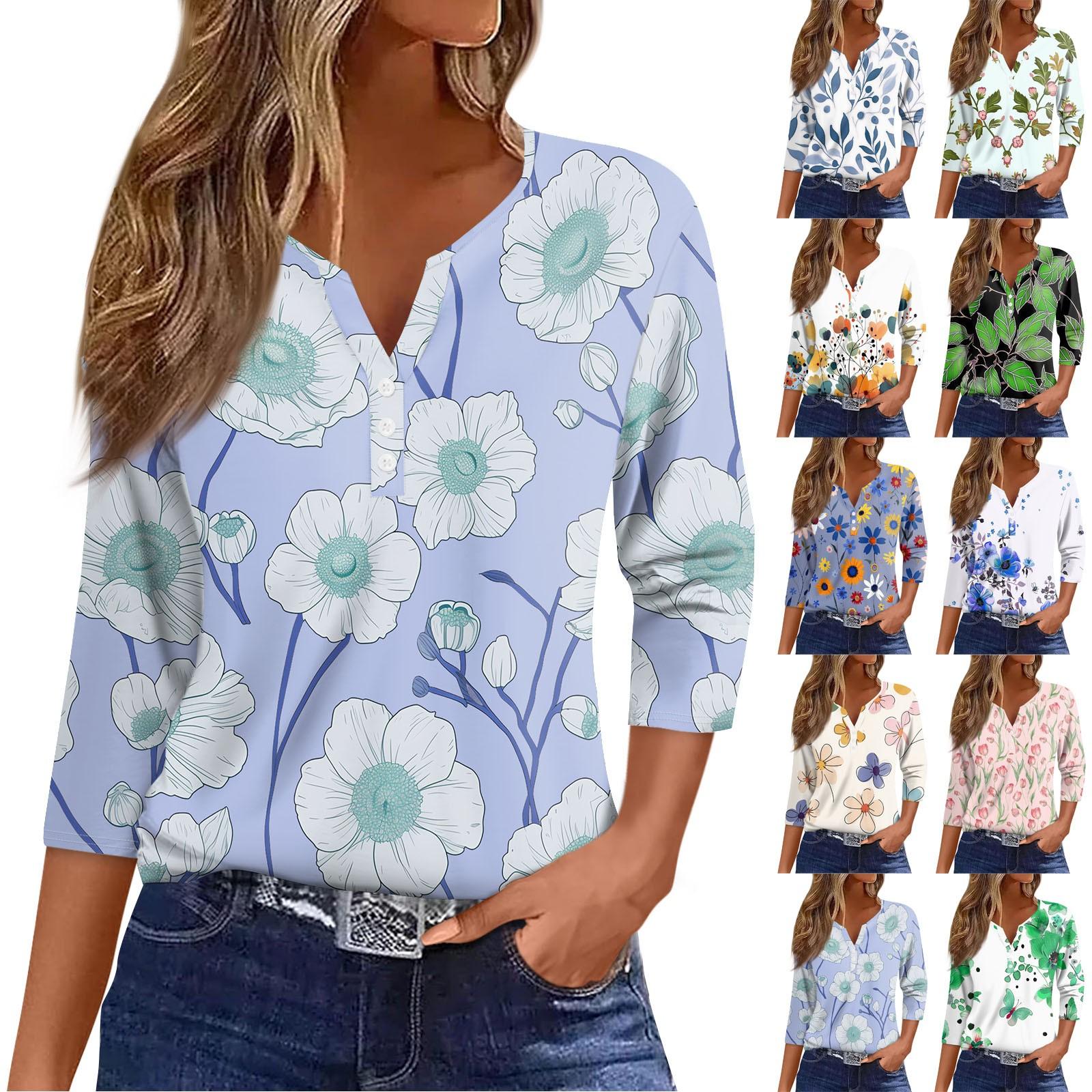 

Женская мода и отдых с цветочным принтом и V-образным вырезом, рукавом 3/4 и пуговицами, футболка, топ