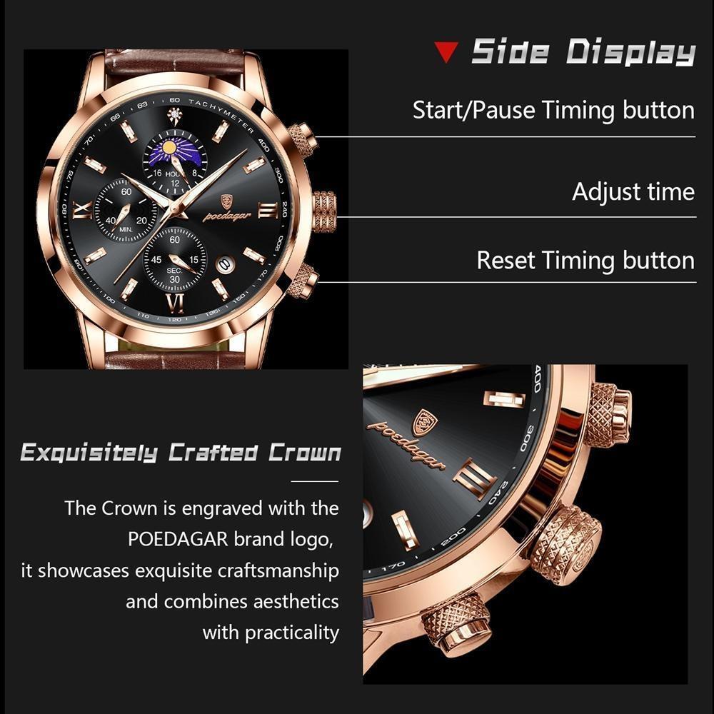 POEDAGAR Original Business Men's Wristwatch Chronograph Date Luminous Waterproof Man Watch Leather Luxury Quartz Watches For Men