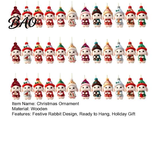 Festive Bunny Hanging Decor Christmas Wooden Ornament, 2D Flat Rabbit with Santa Cute Animal Tree Ornaments Hat, Holiday Pendant for Wreath Door, Home
